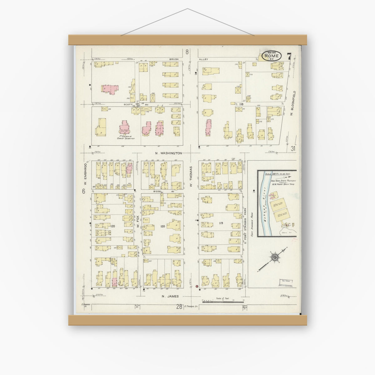 Old map wall art mockup — magnetic wood frame on white wall — Sanborn Fire Insurance Map from Rome, Oneida County, New York (1914), Sheet #0007