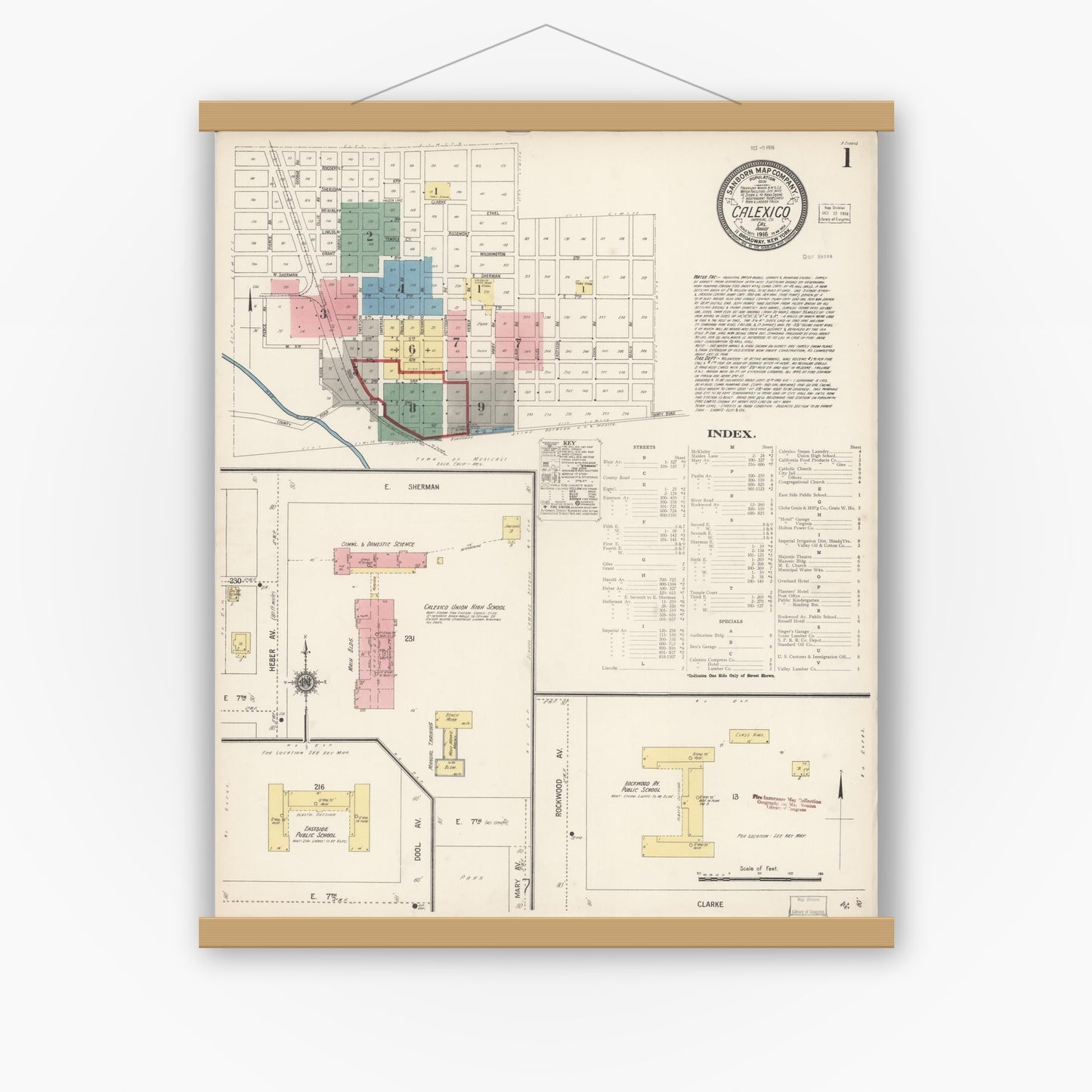 Old map wall art mockup — magnetic wood frame on white wall — Sanborn Fire Insurance Map from Calexico, Imperial County, California (1916) - Complete Map Set