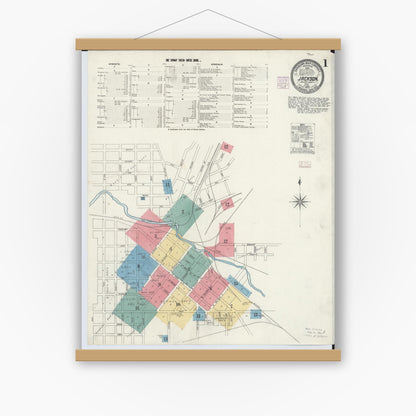 Old map wall art mockup — magnetic wood frame on white wall — Sanborn Fire Insurance Map from Jackson, Jackson County, Ohio (1905), Sheet #0001
