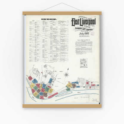 Old map wall art mockup — magnetic wood frame on white wall — Sanborn Fire Insurance Map from East Liverpool, Columbiana County, Ohio (1908), Sheet #0001