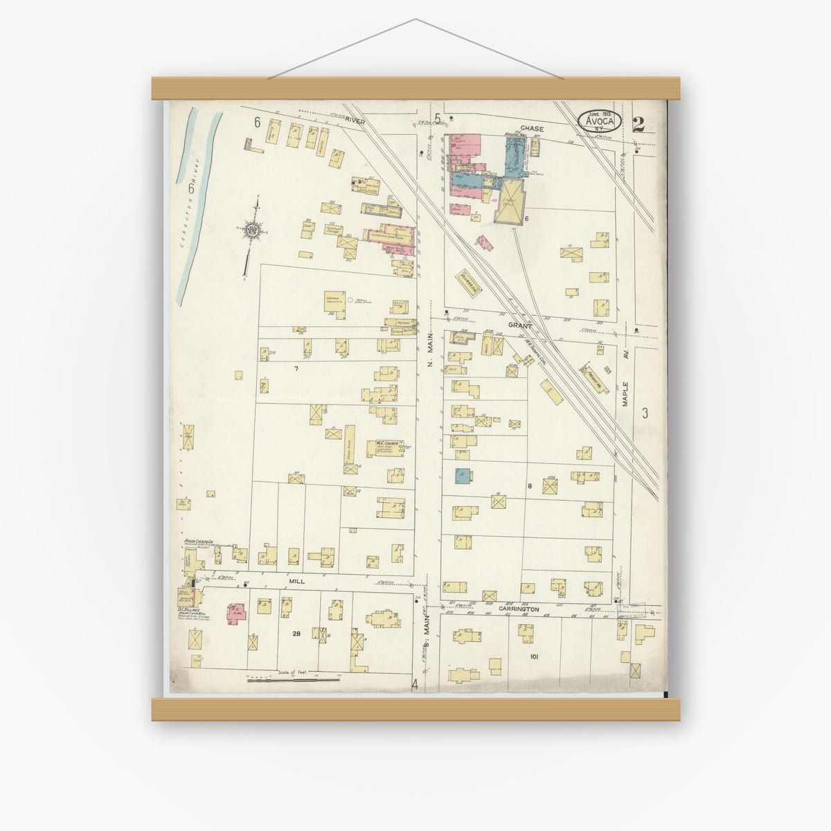 Old map wall art mockup — magnetic wood frame on white wall — Sanborn Fire Insurance Map from Avoca, Steuben County, New York (1913), Sheet #0002