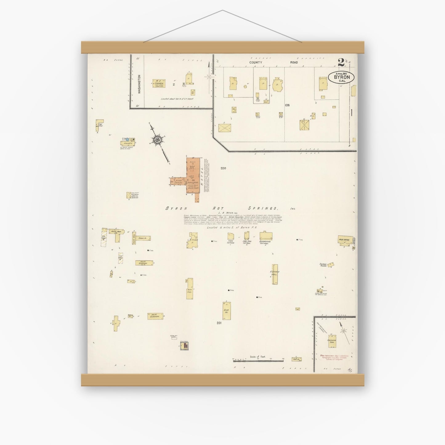 Old map wall art mockup — magnetic wood frame on white wall — Sanborn Fire Insurance Map from Byron, Contra Costa County, California (1915), Sheet #0002