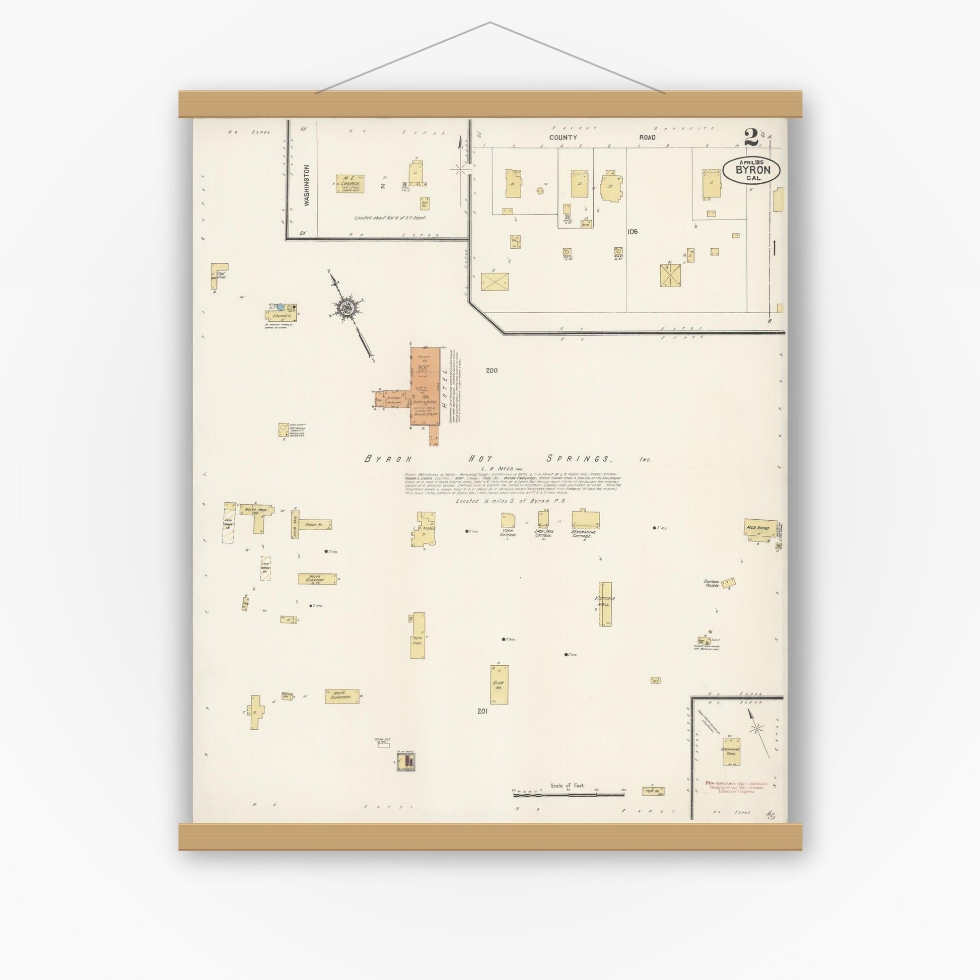 Old map wall art mockup — magnetic wood frame on white wall — Sanborn Fire Insurance Map from Byron, Contra Costa County, California (1915), Sheet #0002