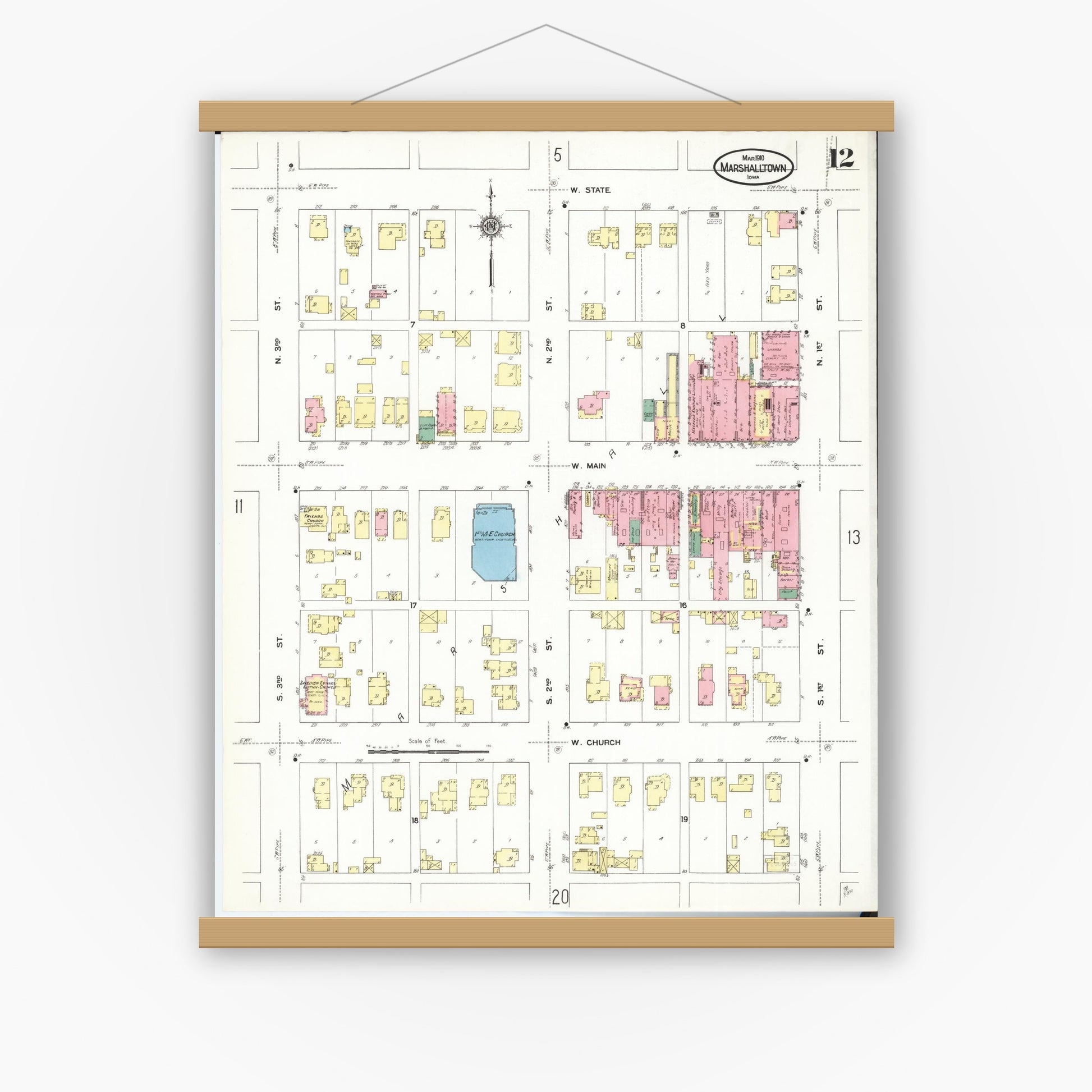 Old map wall art mockup — magnetic wood frame on white wall — Sanborn Fire Insurance Map from Marshalltown, Marshall County, Iowa (1910), Sheet #0012