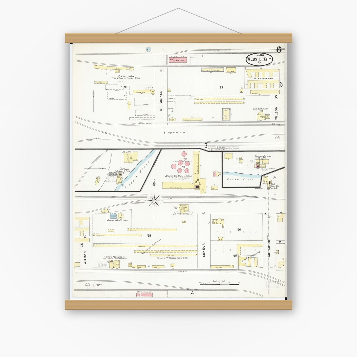 Old map wall art mockup — magnetic wood frame on white wall — Sanborn Fire Insurance Map from Webster City, Hamilton County, Iowa (1896), Sheet #0006