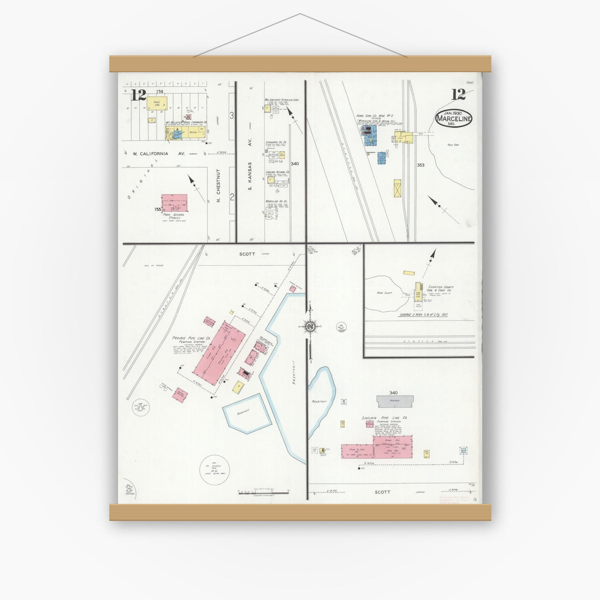 Old map wall art mockup — magnetic wood frame on white wall — Sanborn Fire Insurance Map from Marceline, Linn County, Missouri (1930), Sheet #0012