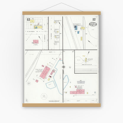Old map wall art mockup — magnetic wood frame on white wall — Sanborn Fire Insurance Map from Marceline, Linn County, Missouri (1930), Sheet #0012