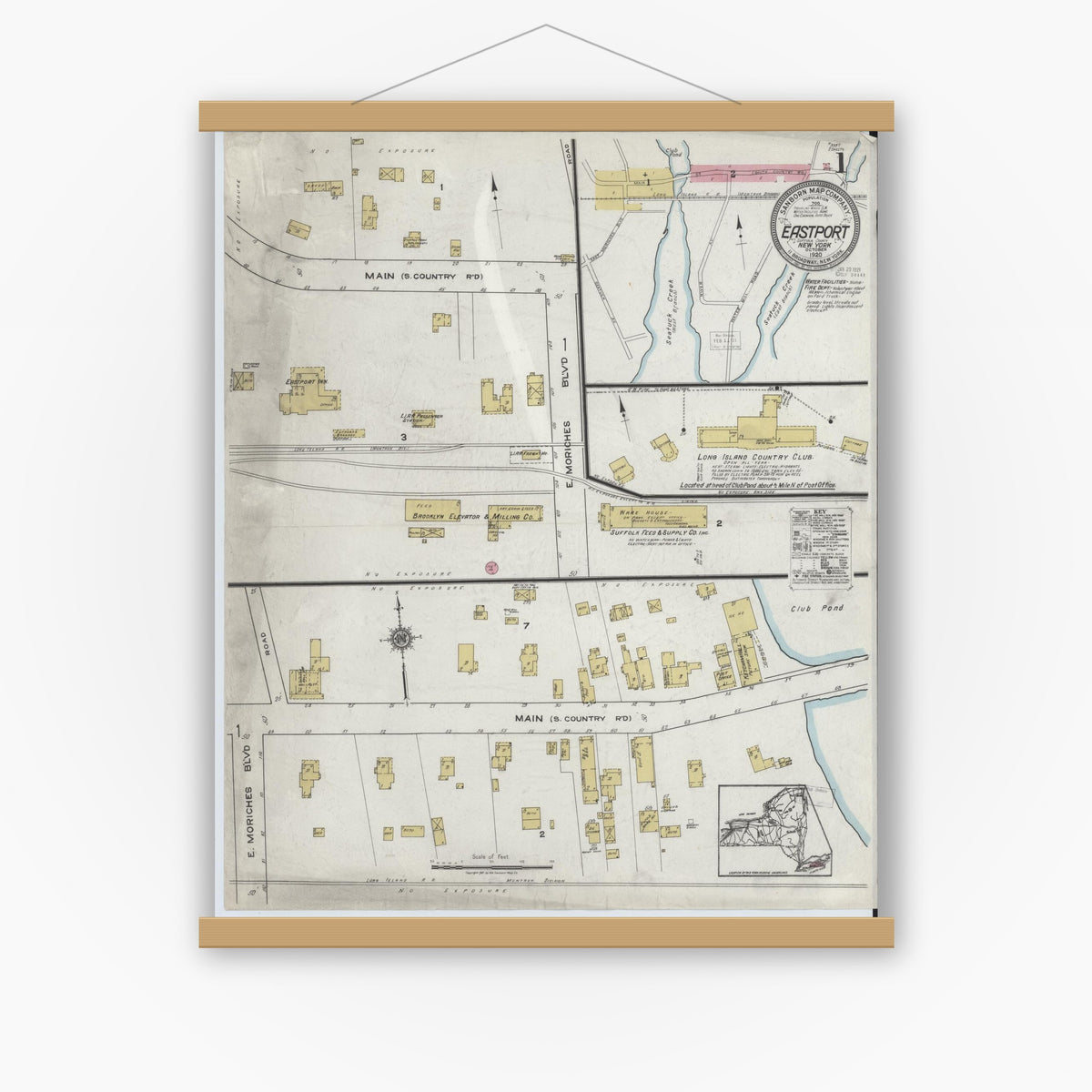 Old map wall art mockup — magnetic wood frame on white wall — Sanborn Fire Insurance Map from Eastport, Suffolk County, New York (1920) - Complete Map Set