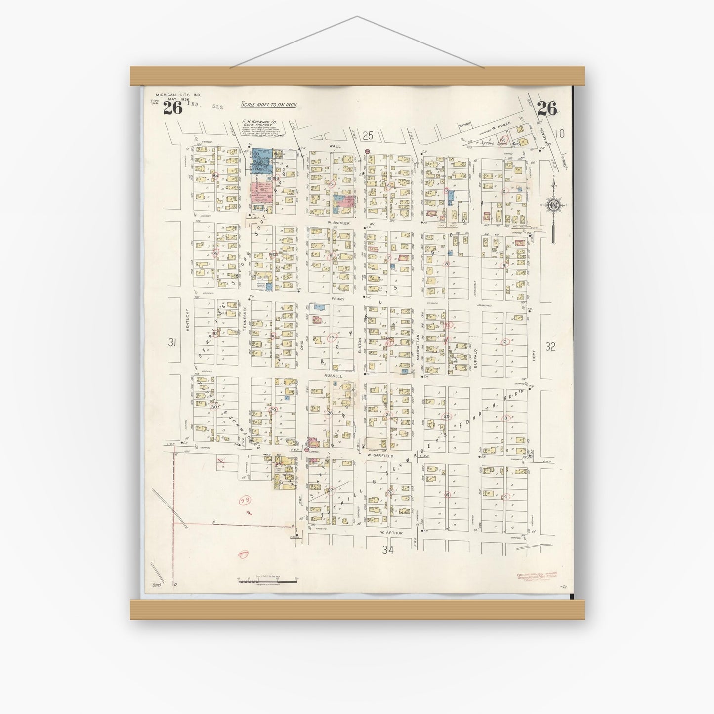 Old map wall art mockup — magnetic wood frame on white wall — Sanborn Fire Insurance Map from Michigan City, La Porte County, Indiana (1948), Sheet #0026