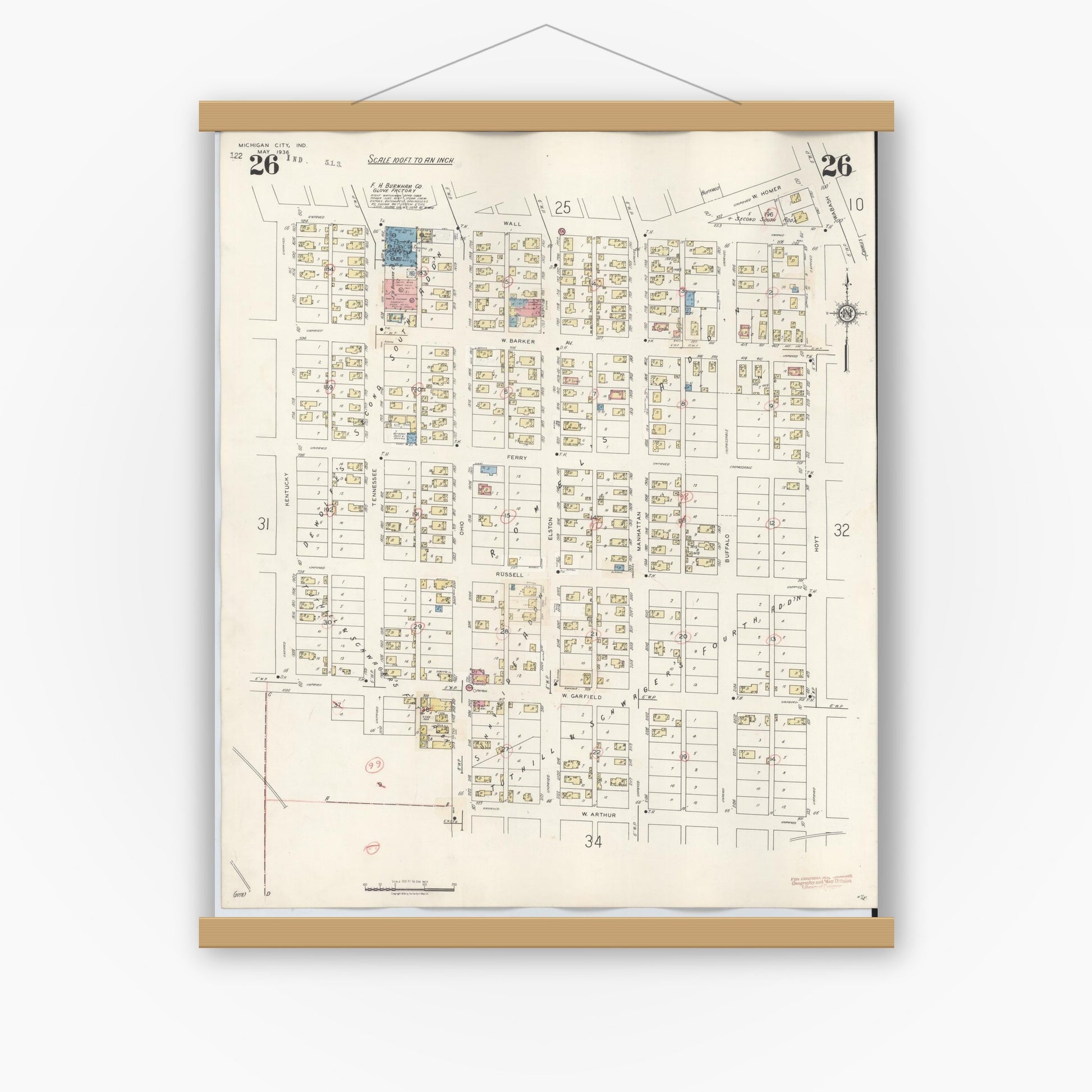 Old map wall art mockup — magnetic wood frame on white wall — Sanborn Fire Insurance Map from Michigan City, La Porte County, Indiana (1948), Sheet #0026