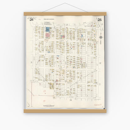 Old map wall art mockup — magnetic wood frame on white wall — Sanborn Fire Insurance Map from Michigan City, La Porte County, Indiana (1948), Sheet #0026