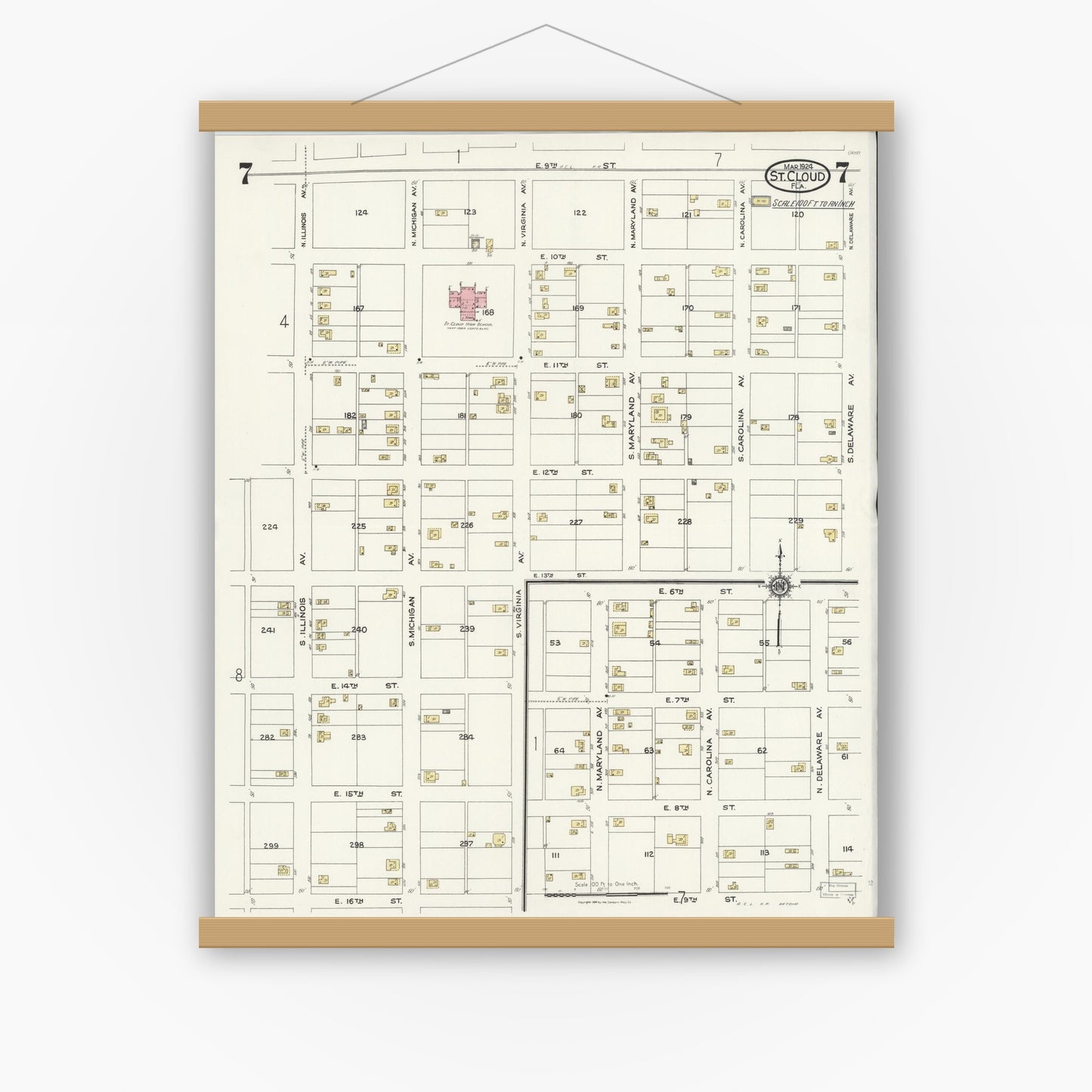 Old map wall art mockup — magnetic wood frame on white wall — Sanborn Fire Insurance Map from Saint Cloud, Osceola County, Florida (1924), Sheet #0007