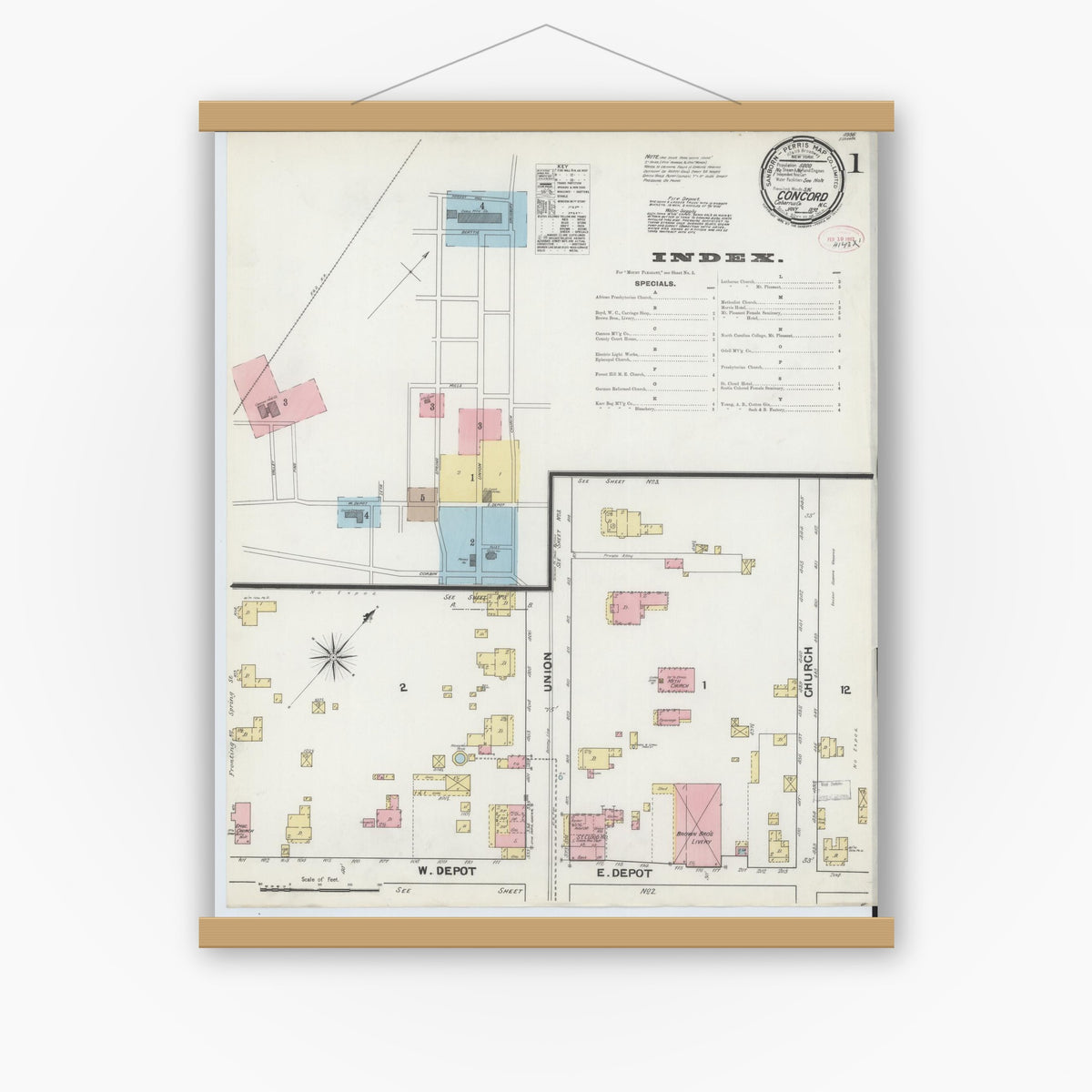 Old map wall art mockup — magnetic wood frame on white wall — Sanborn Fire Insurance Map from Concord, Cabarrus County, North Carolina (1892) - Complete Map Set