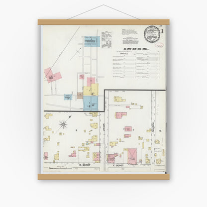 Old map wall art mockup — magnetic wood frame on white wall — Sanborn Fire Insurance Map from Concord, Cabarrus County, North Carolina (1892) - Complete Map Set