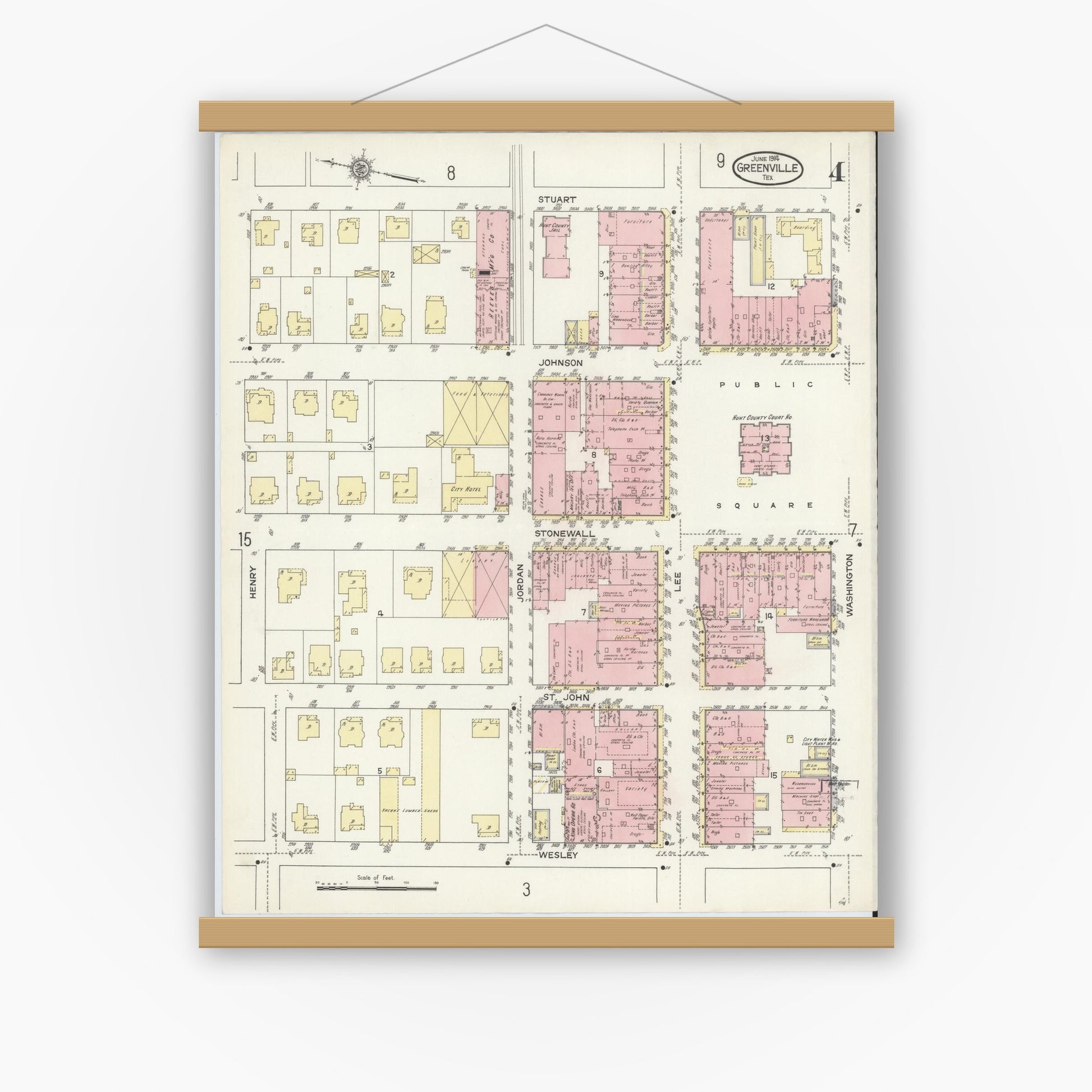 Old map wall art mockup — magnetic wood frame on white wall — Sanborn Fire Insurance Map from Greenville, Hunt County, Texas (1914), Sheet #0004