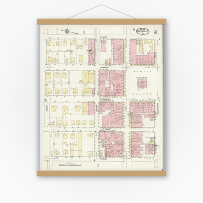 Old map wall art mockup — magnetic wood frame on white wall — Sanborn Fire Insurance Map from Greenville, Hunt County, Texas (1914), Sheet #0004