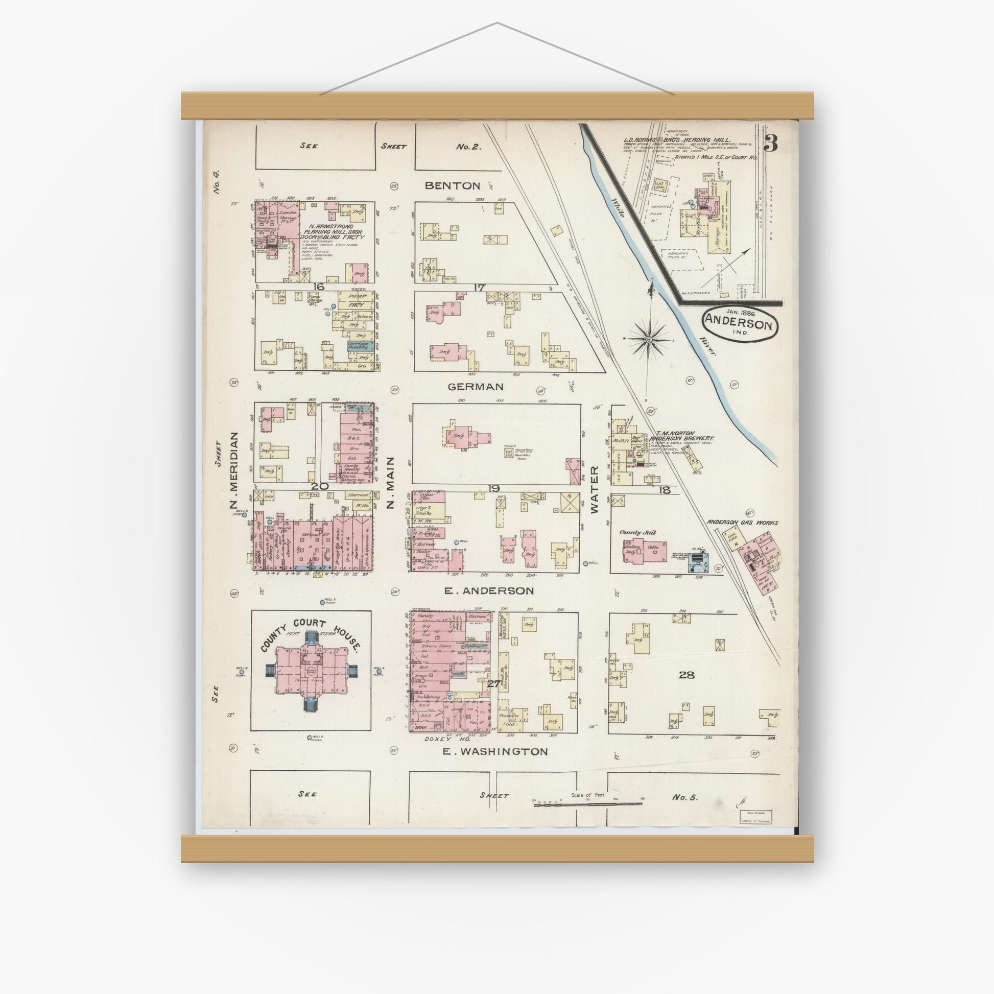 Old map wall art mockup — magnetic wood frame on white wall — Sanborn Fire Insurance Map from Anderson, Madison County, Indiana (1886), Sheet #0003