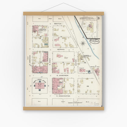 Old map wall art mockup — magnetic wood frame on white wall — Sanborn Fire Insurance Map from Anderson, Madison County, Indiana (1886), Sheet #0003