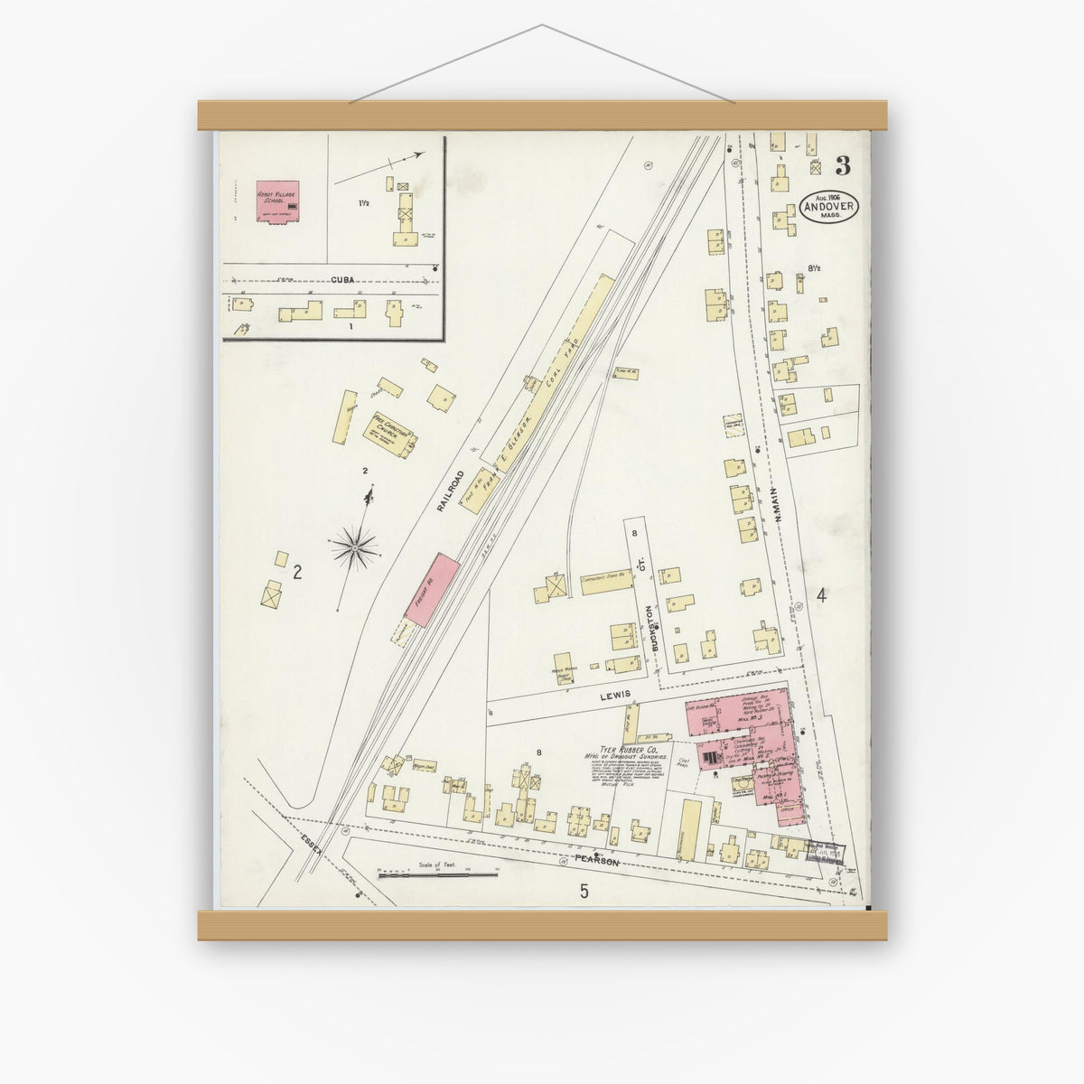 Old map wall art mockup — magnetic wood frame on white wall — Sanborn Fire Insurance Map from Andover, Essex County, Massachusetts (1906), Sheet #0003