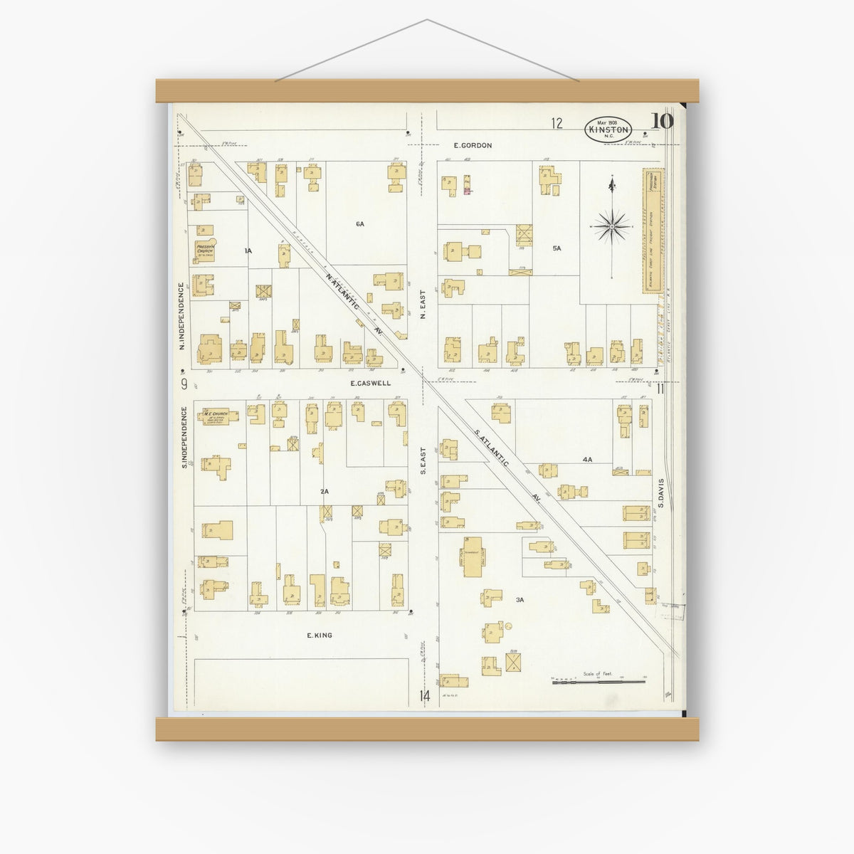 Old map wall art mockup — magnetic wood frame on white wall — Sanborn Fire Insurance Map from Kinston, Lenoir County, North Carolina (1908), Sheet #0010