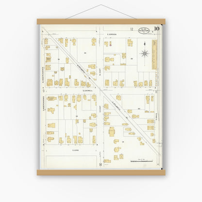 Old map wall art mockup — magnetic wood frame on white wall — Sanborn Fire Insurance Map from Kinston, Lenoir County, North Carolina (1908), Sheet #0010