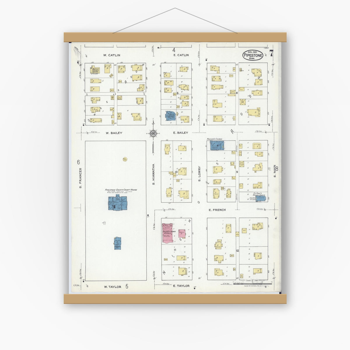 Old map wall art mockup — magnetic wood frame on white wall — Sanborn Fire Insurance Map from Pipestone, Pipestone County, Minnesota (1921), Sheet #0007