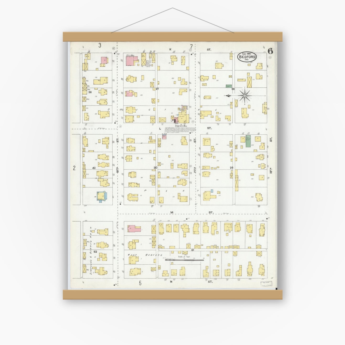 Old map wall art mockup — magnetic wood frame on white wall — Sanborn Fire Insurance Map from Bedford, Lawrence County, Indiana (1904), Sheet #0006