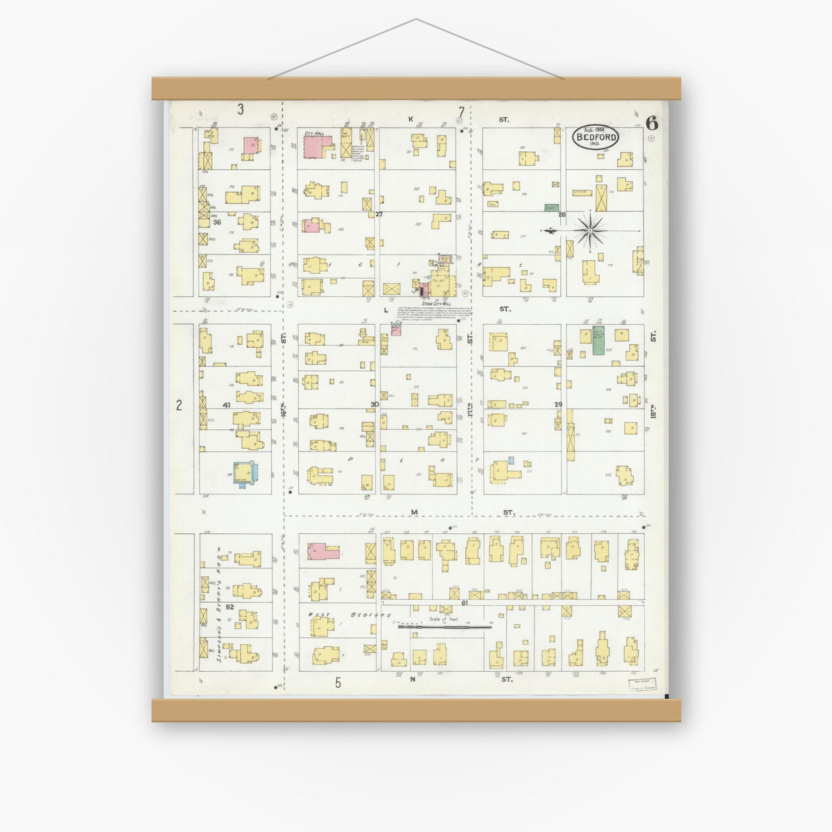 Old map wall art mockup — magnetic wood frame on white wall — Sanborn Fire Insurance Map from Bedford, Lawrence County, Indiana (1904), Sheet #0006