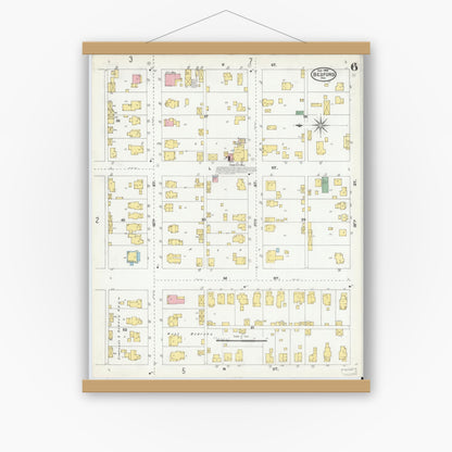 Old map wall art mockup — magnetic wood frame on white wall — Sanborn Fire Insurance Map from Bedford, Lawrence County, Indiana (1904), Sheet #0006