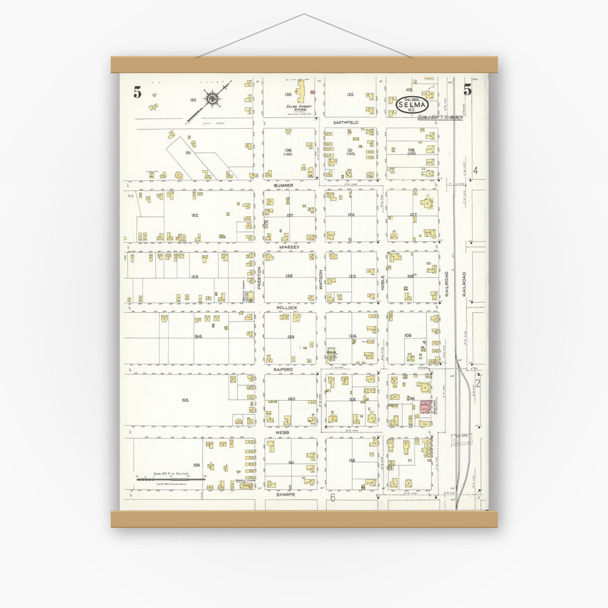 Old map wall art mockup — magnetic wood frame on white wall — Sanborn Fire Insurance Map from Selma, Johnston County, North Carolina (1923), Sheet #0005