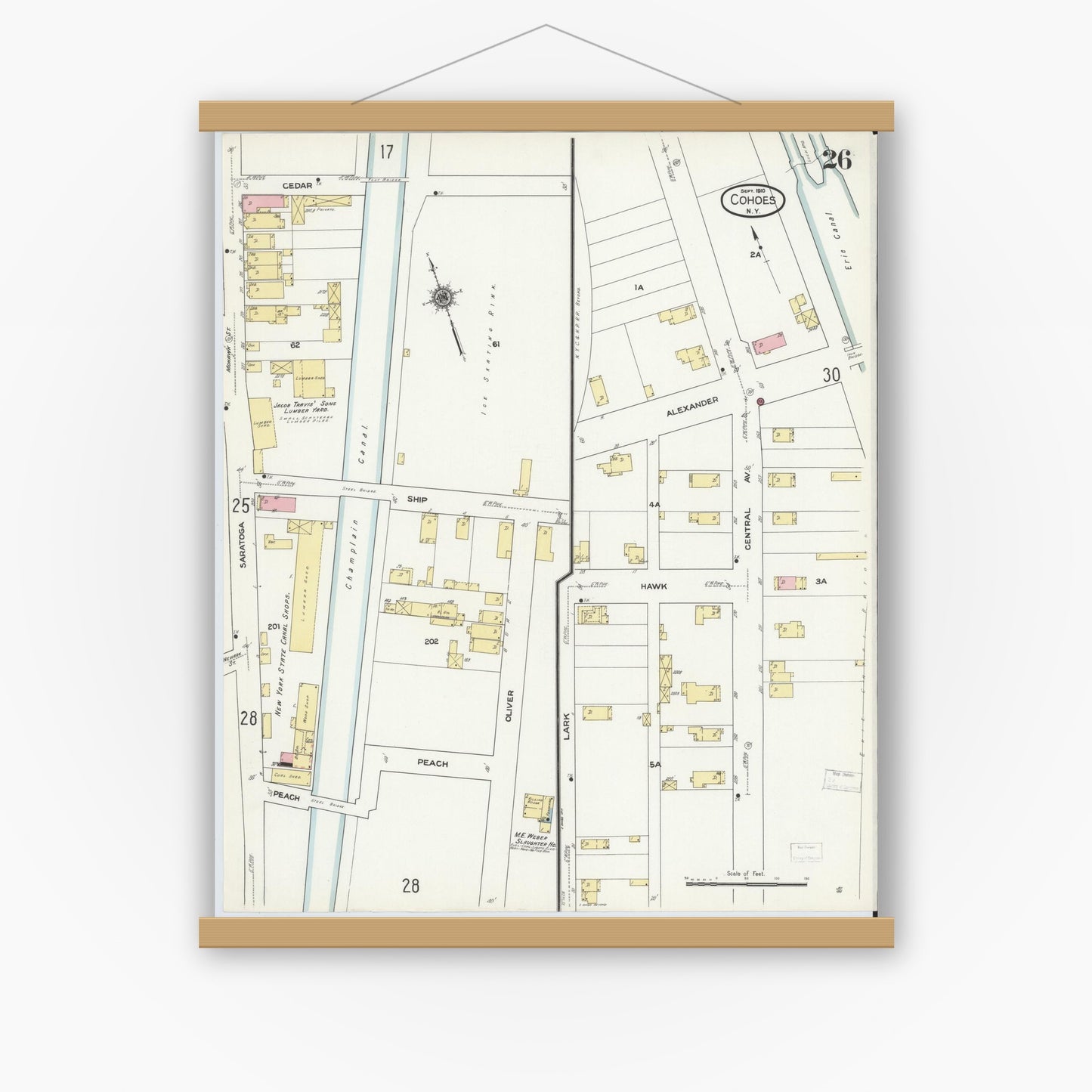 Old map wall art mockup — magnetic wood frame on white wall — Sanborn Fire Insurance Map from Cohoes, Albany County, New York (1910), Sheet #0026