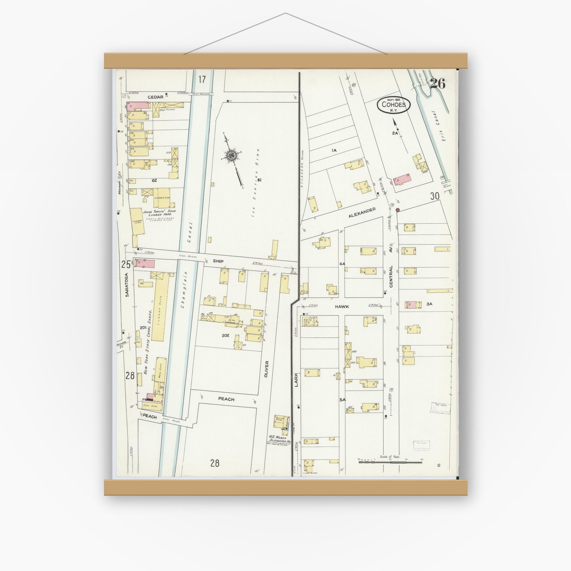 Old map wall art mockup — magnetic wood frame on white wall — Sanborn Fire Insurance Map from Cohoes, Albany County, New York (1910), Sheet #0026