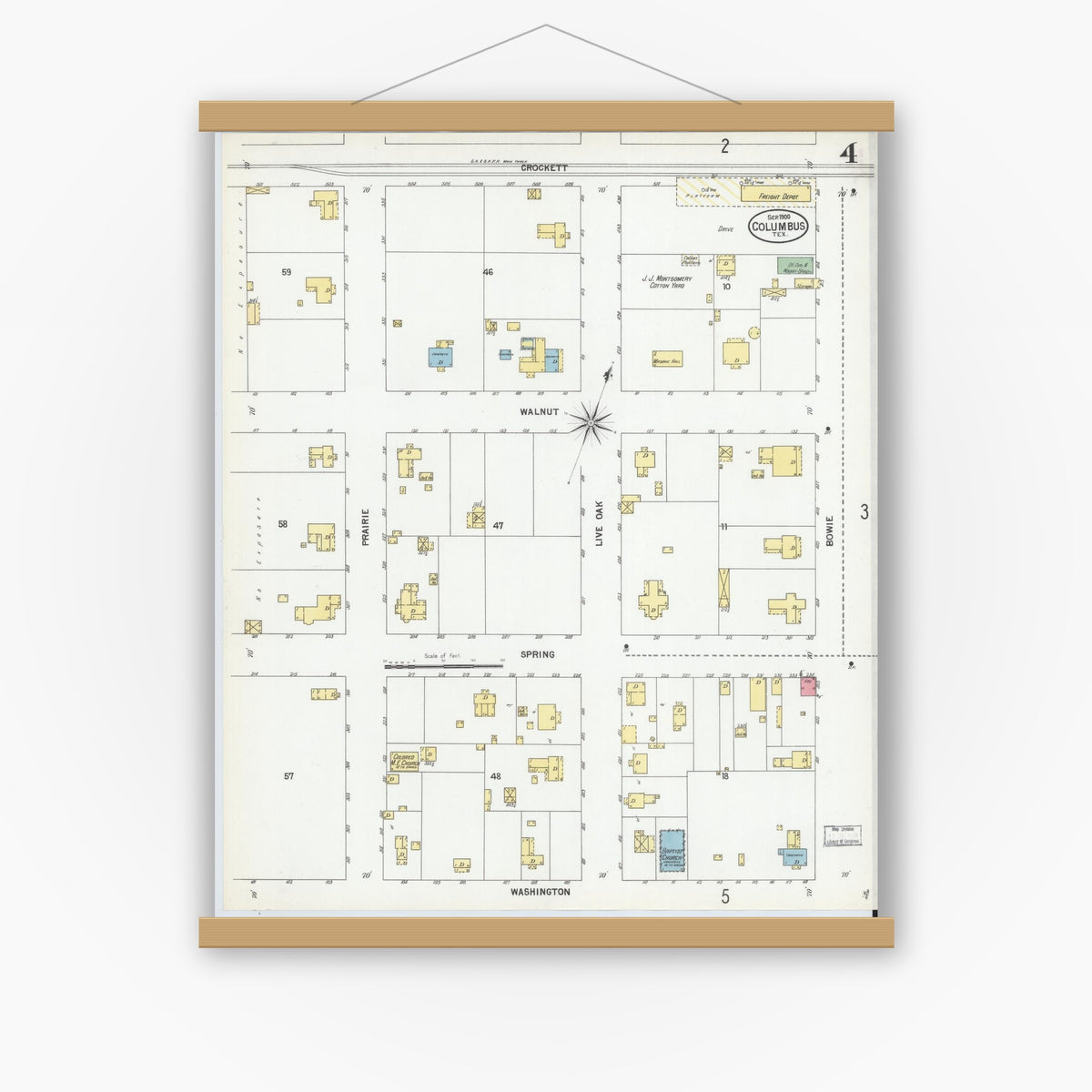 Old map wall art mockup — magnetic wood frame on white wall — Sanborn Fire Insurance Map from Columbus, Colorado County, Texas (1900), Sheet #0004