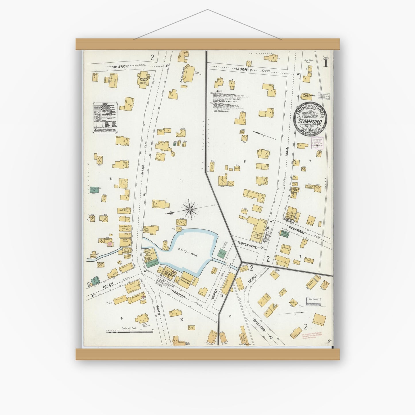 Old map wall art mockup — magnetic wood frame on white wall — Sanborn Fire Insurance Map from Stamford, Delaware County, New York (1904), Sheet #0001