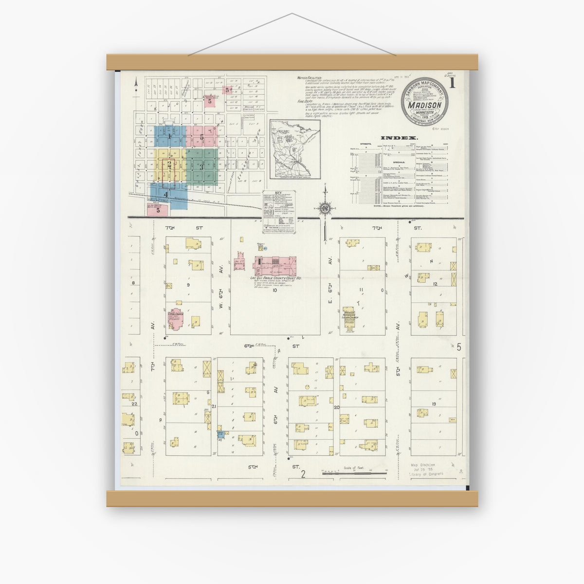 Old map wall art mockup — magnetic wood frame on white wall — Sanborn Fire Insurance Map from Madison, Lac Qui Parle County, Minnesota (1913), Sheet #0001