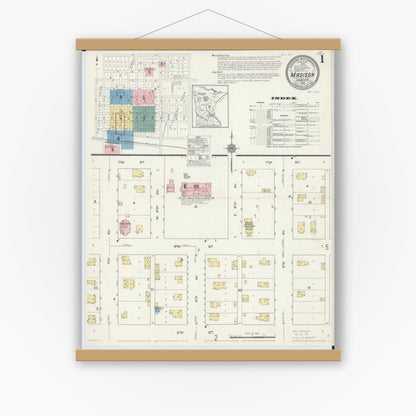 Old map wall art mockup — magnetic wood frame on white wall — Sanborn Fire Insurance Map from Madison, Lac Qui Parle County, Minnesota (1913), Sheet #0001