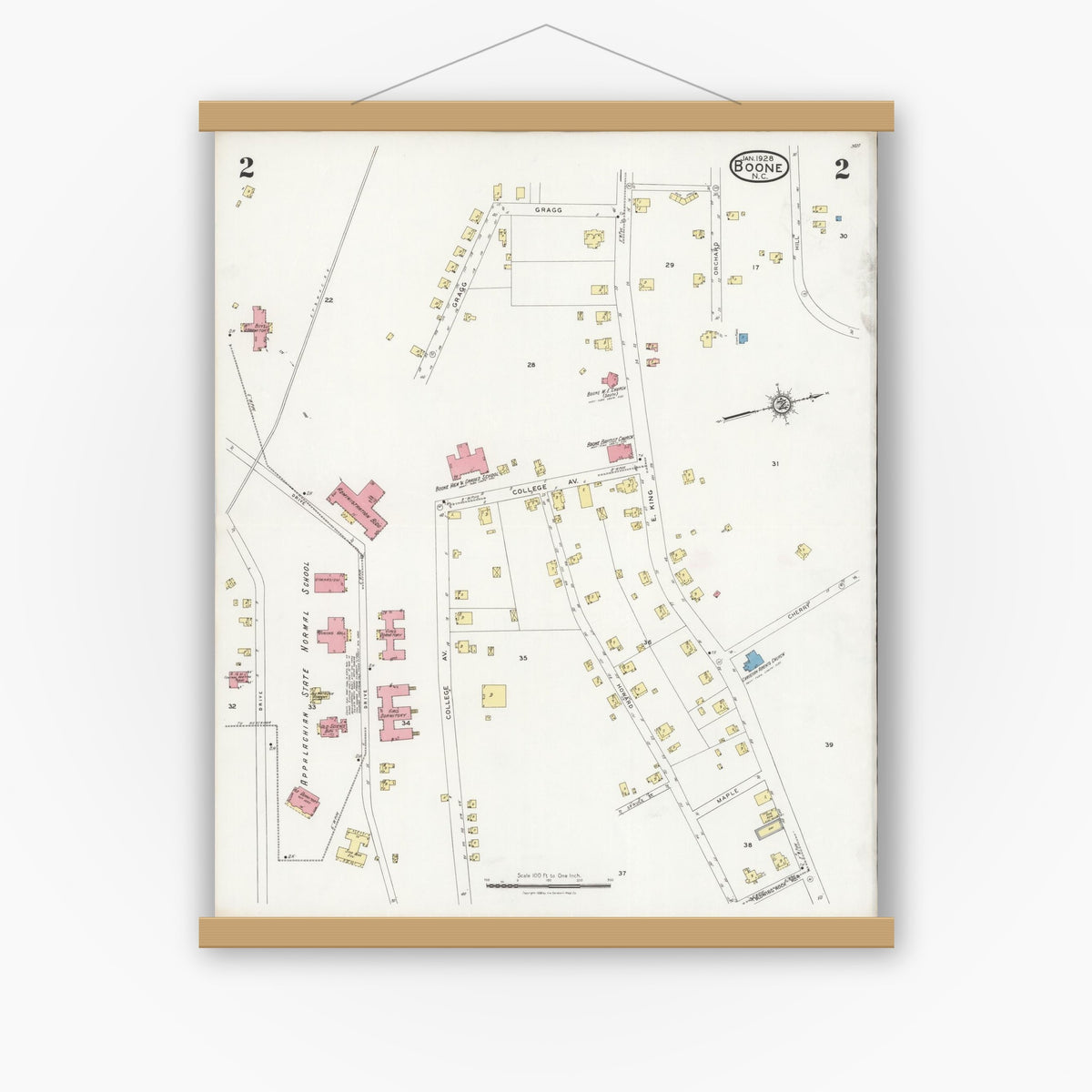 Old map wall art mockup — magnetic wood frame on white wall — Sanborn Fire Insurance Map from Boone, Watauga County, North Carolina (1928), Sheet #0002