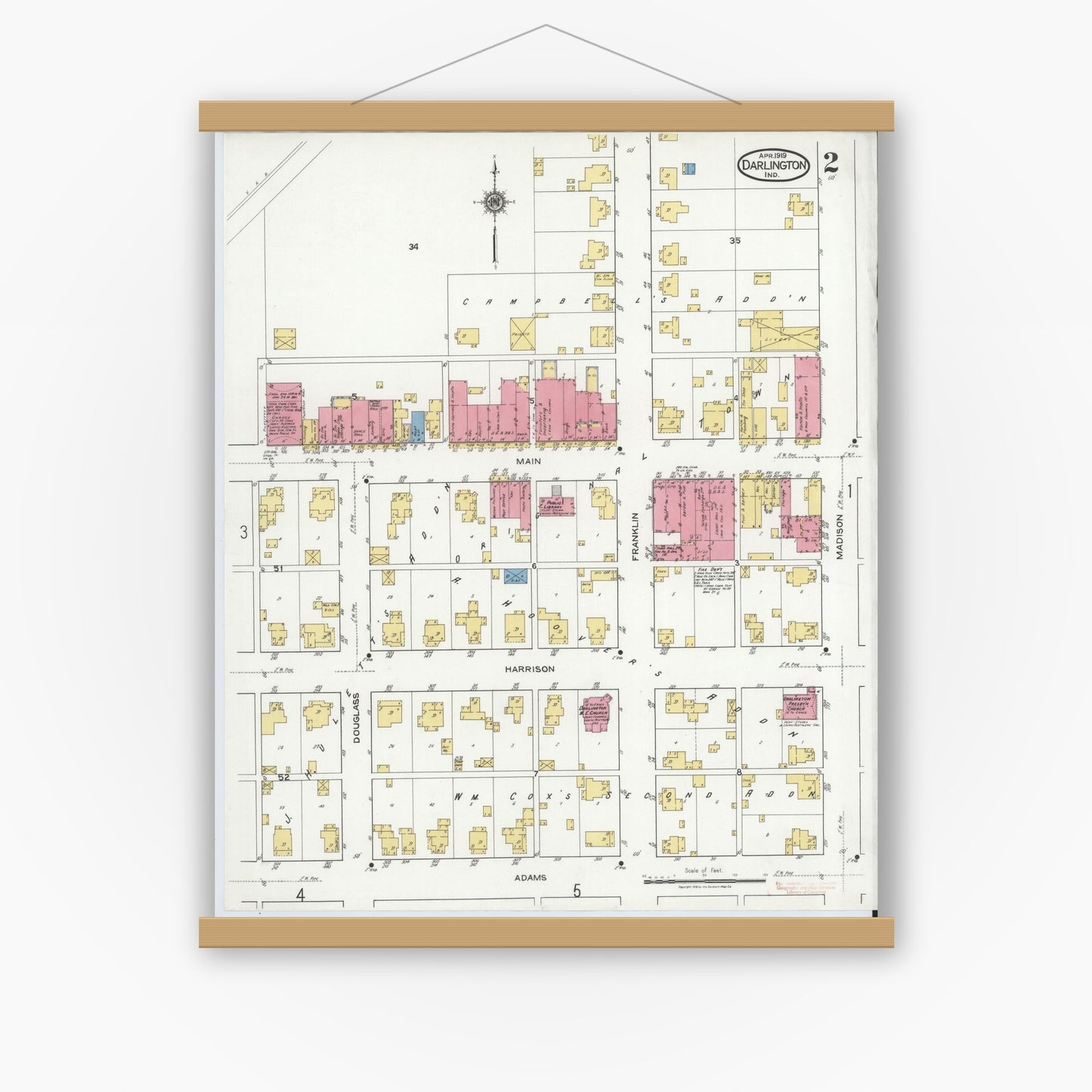 Old map wall art mockup — magnetic wood frame on white wall — Sanborn Fire Insurance Map from Darlington, Montgomery County, Indiana (1919), Sheet #0002