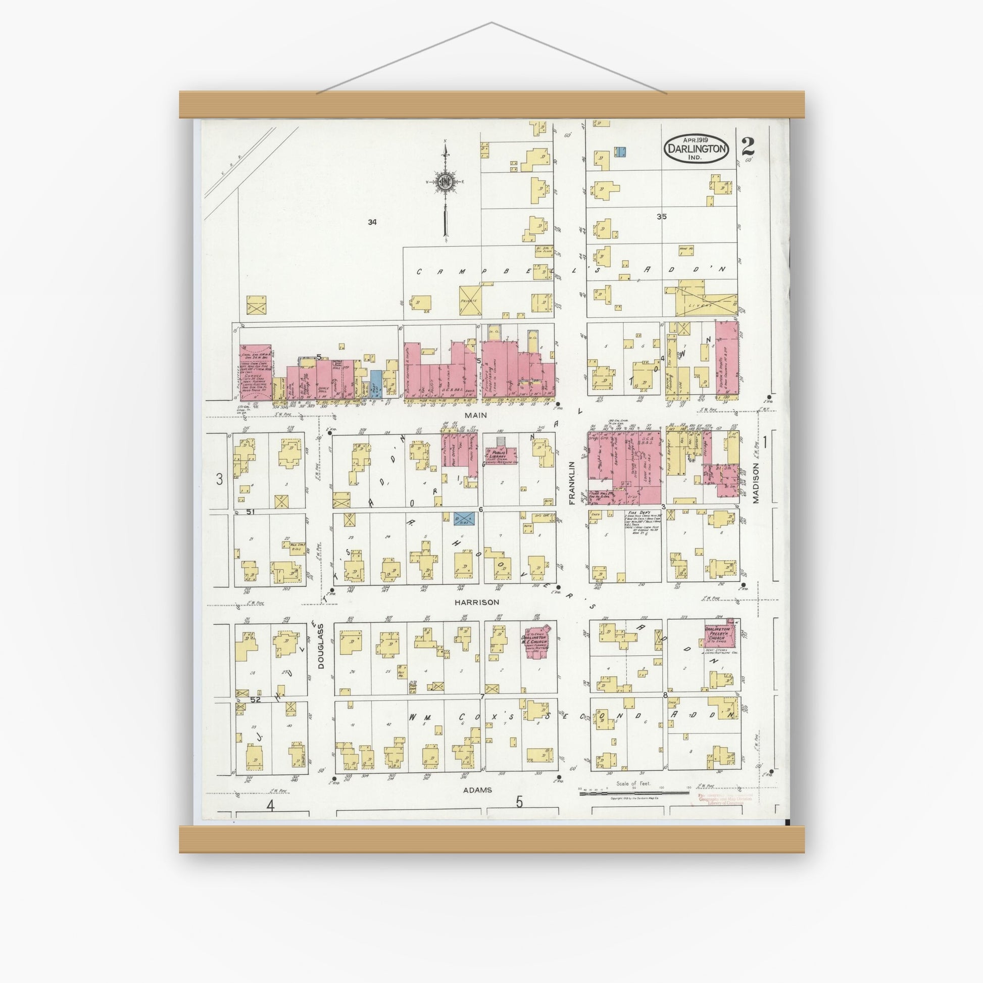 Old map wall art mockup — magnetic wood frame on white wall — Sanborn Fire Insurance Map from Darlington, Montgomery County, Indiana (1919), Sheet #0002