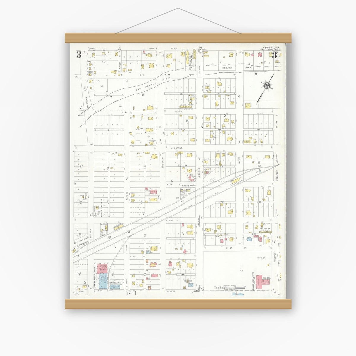 Old map wall art mockup — magnetic wood frame on white wall — Sanborn Fire Insurance Map from Sonora, Sutton County, Texas (1937), Sheet #0003