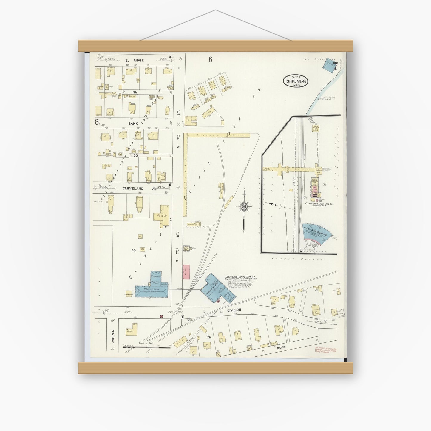 Old map wall art mockup — magnetic wood frame on white wall — Sanborn Fire Insurance Map from Ishpeming, Marquette County, Michigan (1911), Sheet #0007