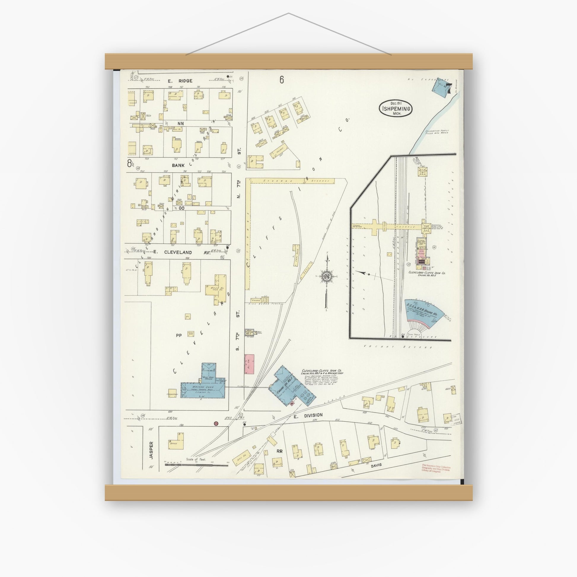 Old map wall art mockup — magnetic wood frame on white wall — Sanborn Fire Insurance Map from Ishpeming, Marquette County, Michigan (1911), Sheet #0007