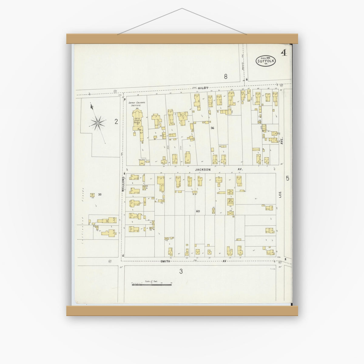 Old map wall art mockup — magnetic wood frame on white wall — Sanborn Fire Insurance Map from Suffolk, Independent Cities, Virginia (1898), Sheet #0004