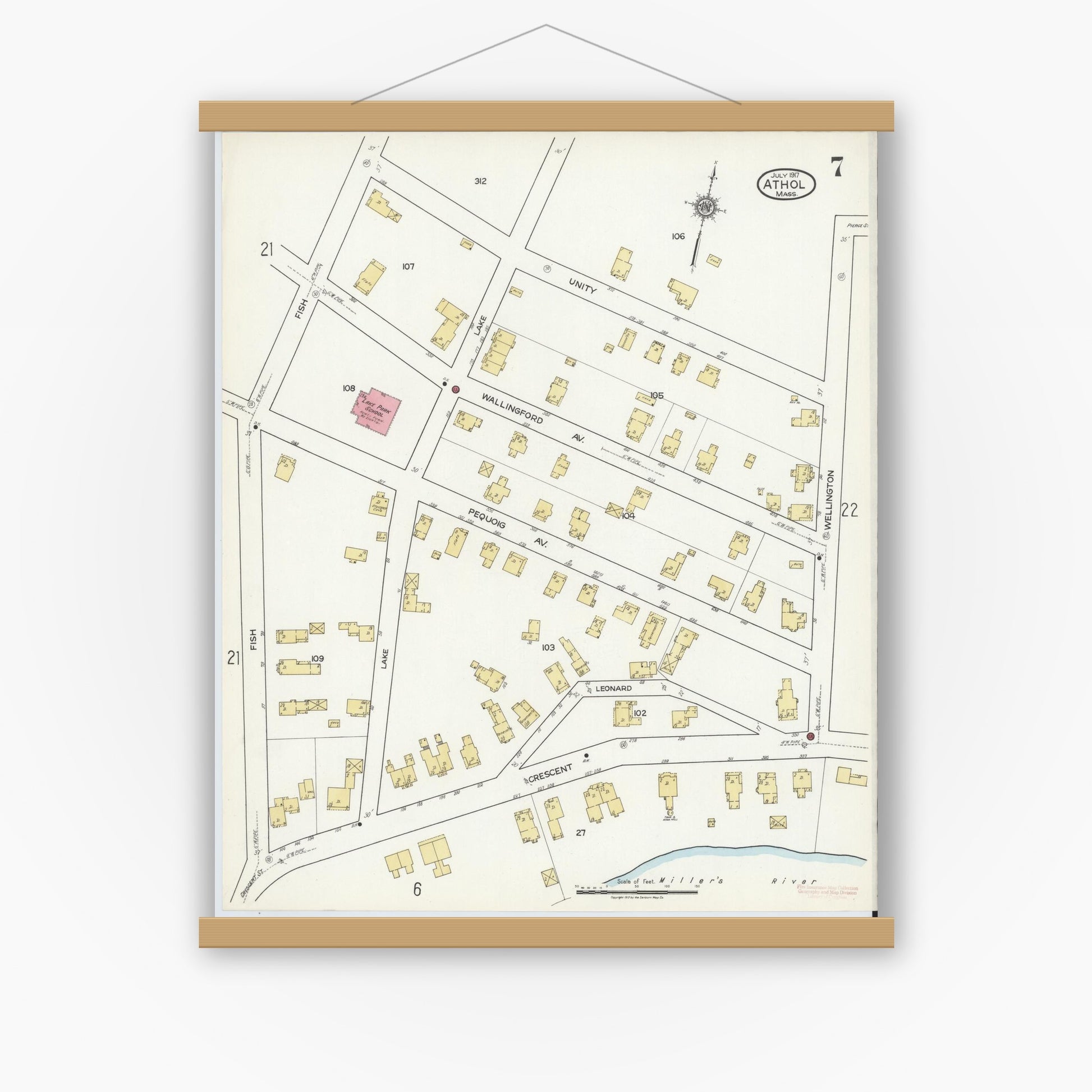 Old map wall art mockup — magnetic wood frame on white wall — Sanborn Fire Insurance Map from Athol, Worcester County, Massachusetts (1917), Sheet #0007
