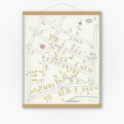 Old map wall art mockup — magnetic wood frame on white wall — Sanborn Fire Insurance Map from Athol, Worcester County, Massachusetts (1917), Sheet #0007