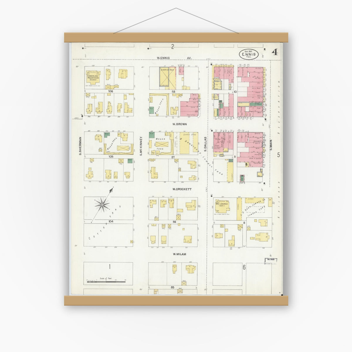 Old map wall art mockup — magnetic wood frame on white wall — Sanborn Fire Insurance Map from Ennis, Ellis County, Texas (1901), Sheet #0004