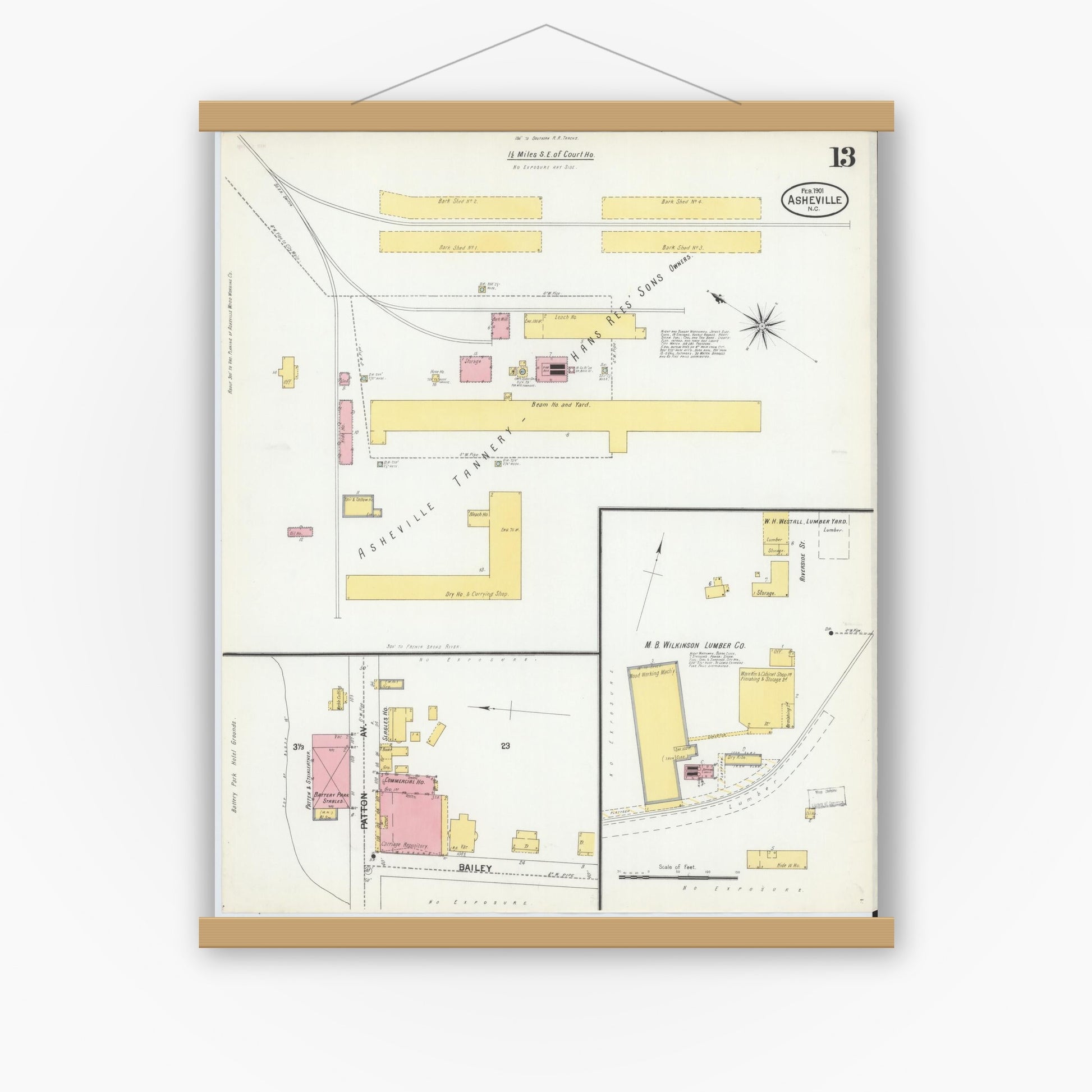 Old map wall art mockup — magnetic wood frame on white wall — Sanborn Fire Insurance Map from Asheville, Buncombe County, North Carolina (1901), Sheet #0013