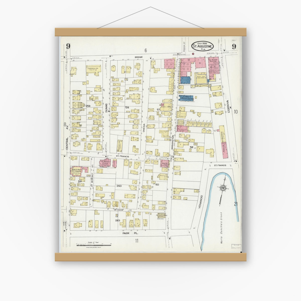 Old map wall art mockup — magnetic wood frame on white wall — Sanborn Fire Insurance Map from Saint Augustine, Saint John's County, Florida (1924), Sheet #0009