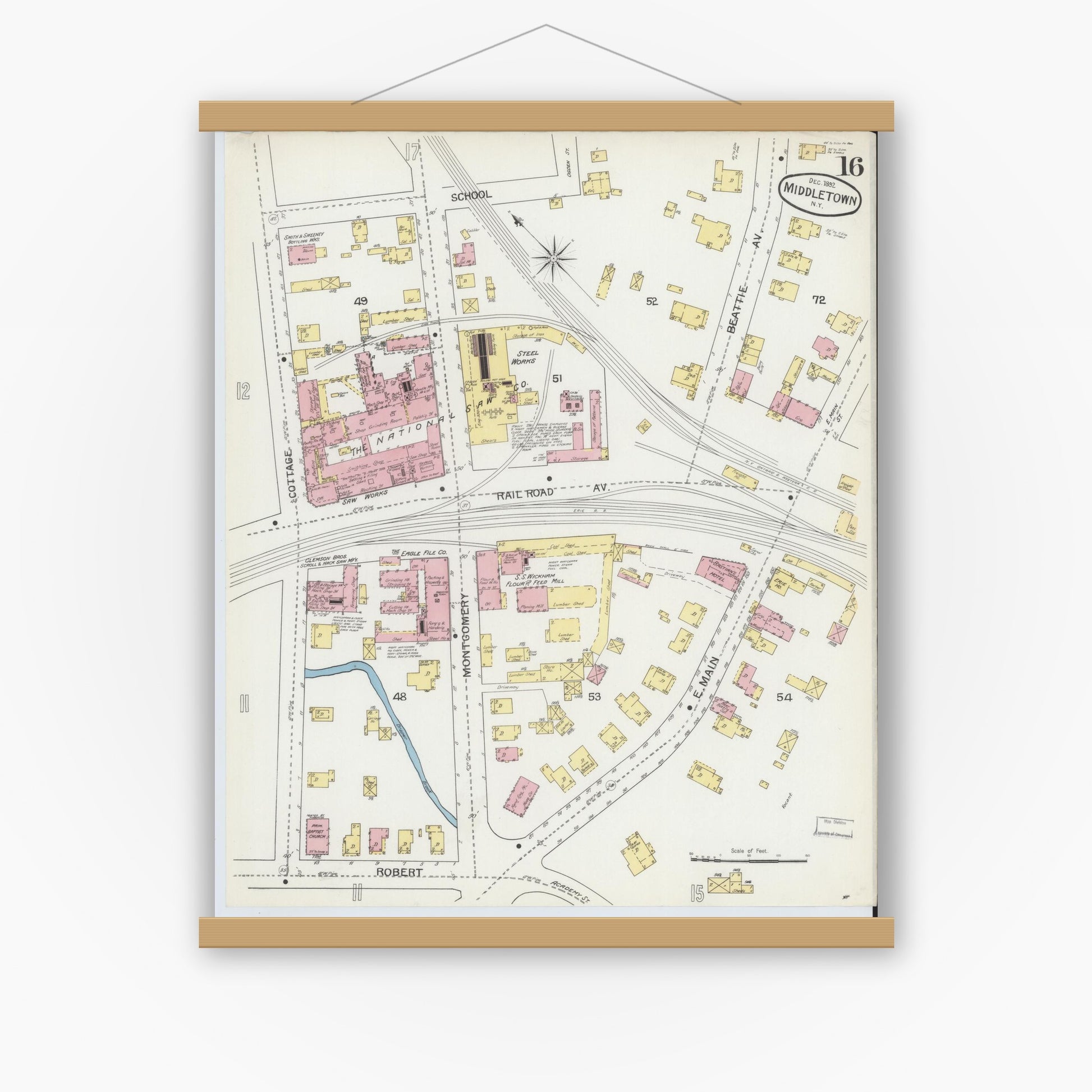 Old map wall art mockup — magnetic wood frame on white wall — Sanborn Fire Insurance Map from Middletown, Orange County, New York (1892), Sheet #0016