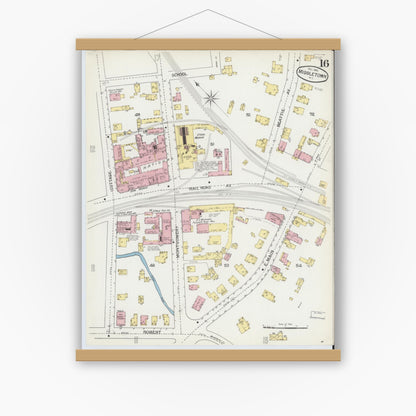 Old map wall art mockup — magnetic wood frame on white wall — Sanborn Fire Insurance Map from Middletown, Orange County, New York (1892), Sheet #0016